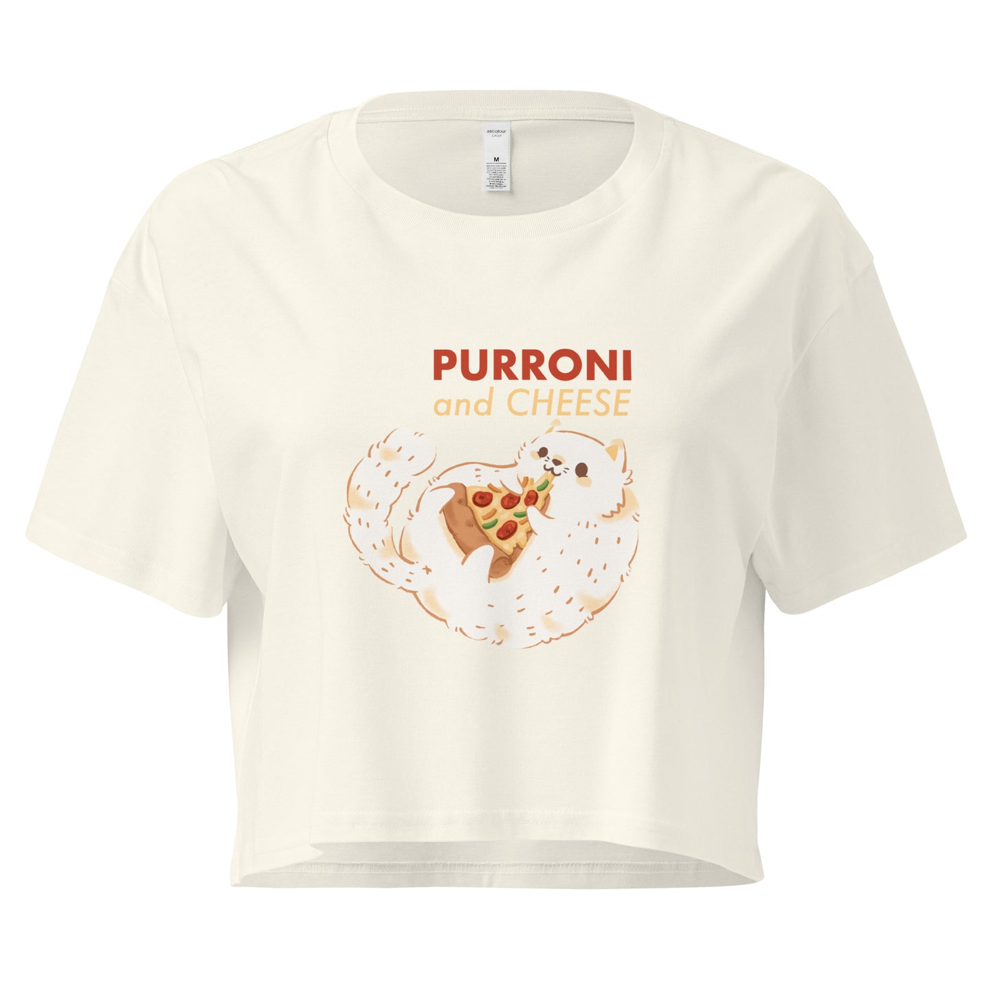 Crop top with a cat eating pizza graphic design and 'PURRONI and CHEESE' text