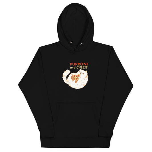 Black hoodie with a cat eating pizza design with 'PURRONI AND CHEESE' text 