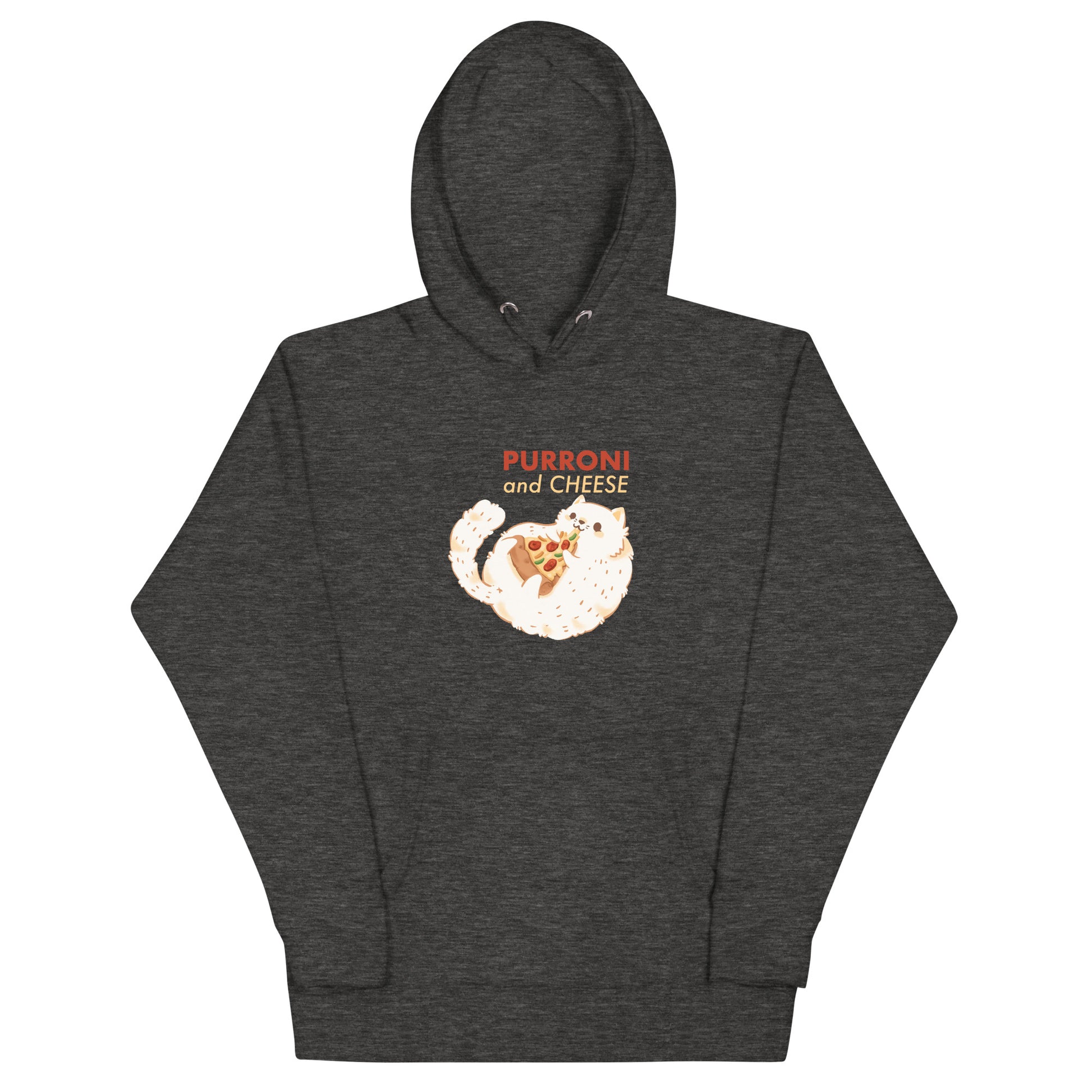 Dark gray heathered hoodie with a cat eating pizza design with 'PURRONI AND CHEESE' text 