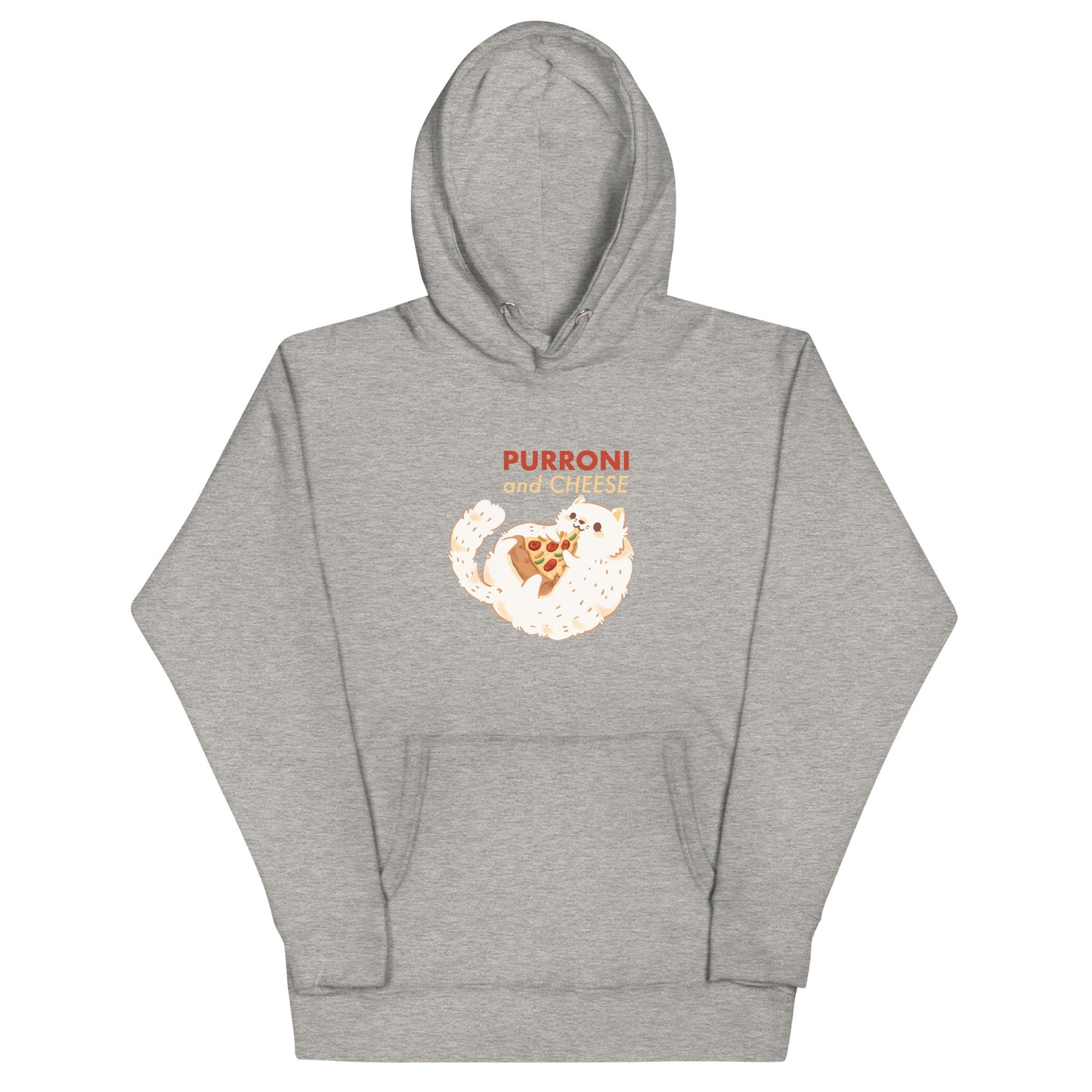 Light gray heathered hoodie with a cat eating pizza design with 'PURRONI AND CHEESE' text 