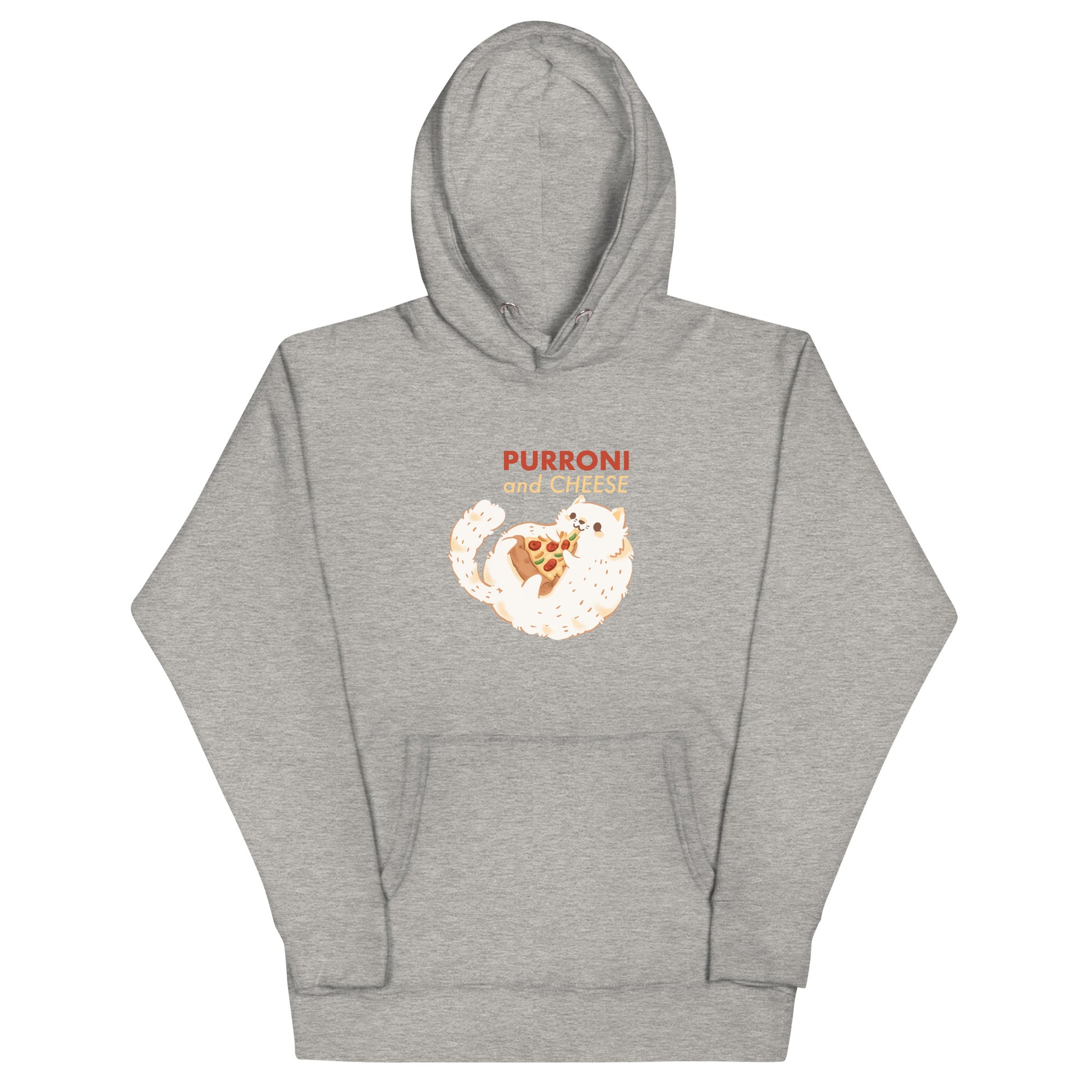 Light gray heathered hoodie with a cat eating pizza design with 'PURRONI AND CHEESE' text 