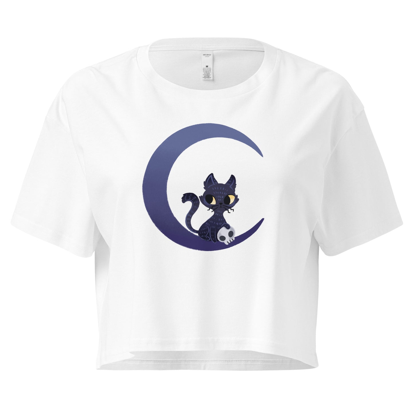 White crop top with a cat and moon design