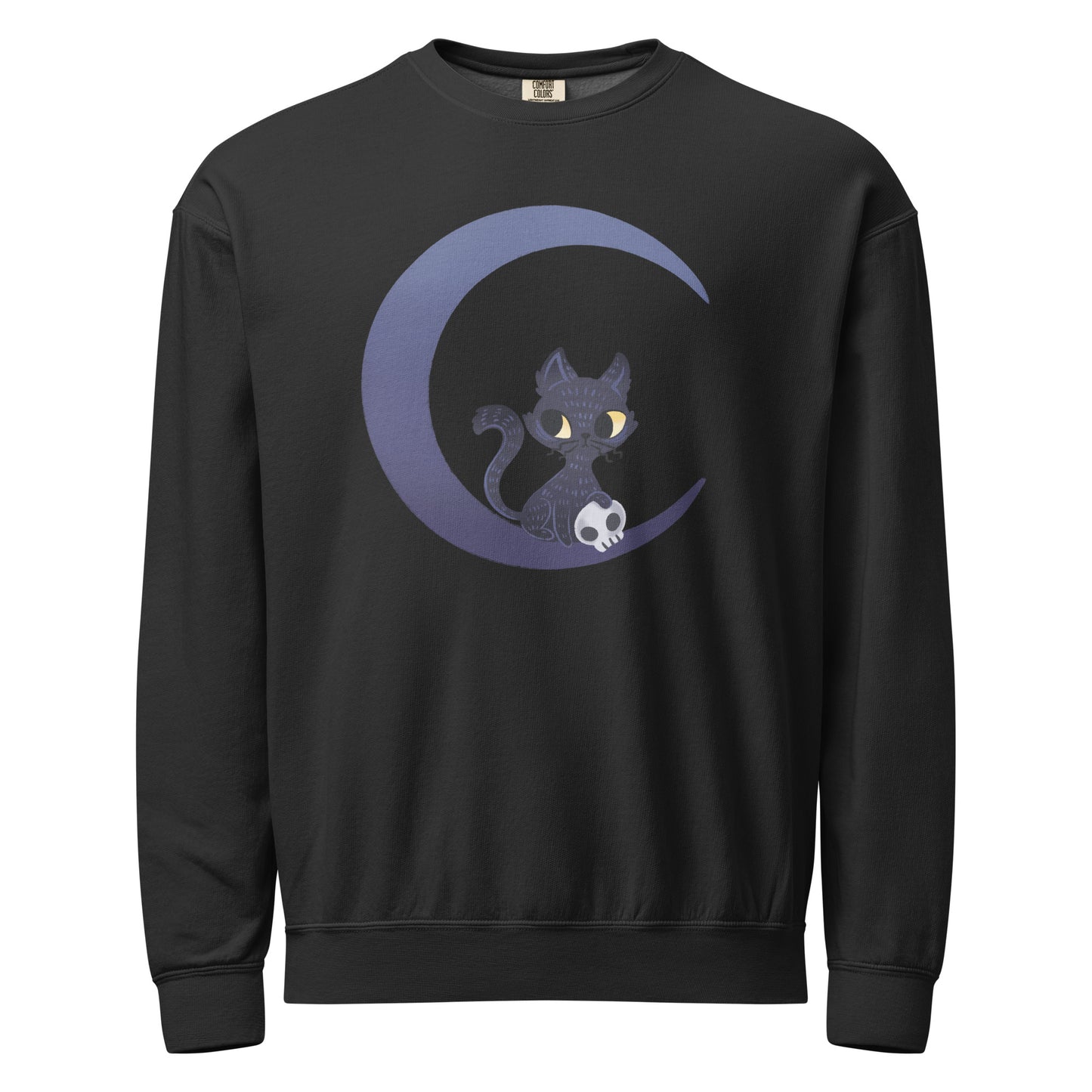 Black crewneck sweatshirt with a black cat with skull and moon design 