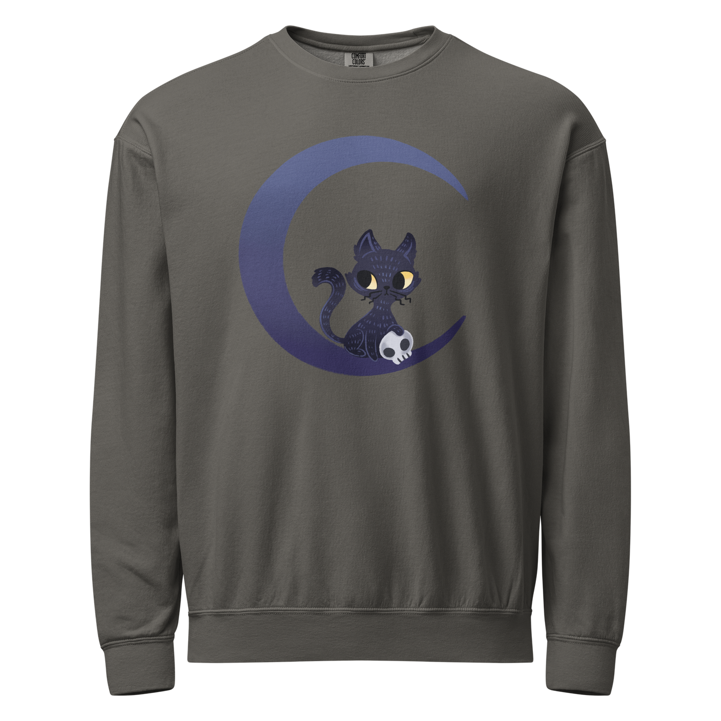 Gray crewneck sweatshirt with a black cat with skull and moon design 