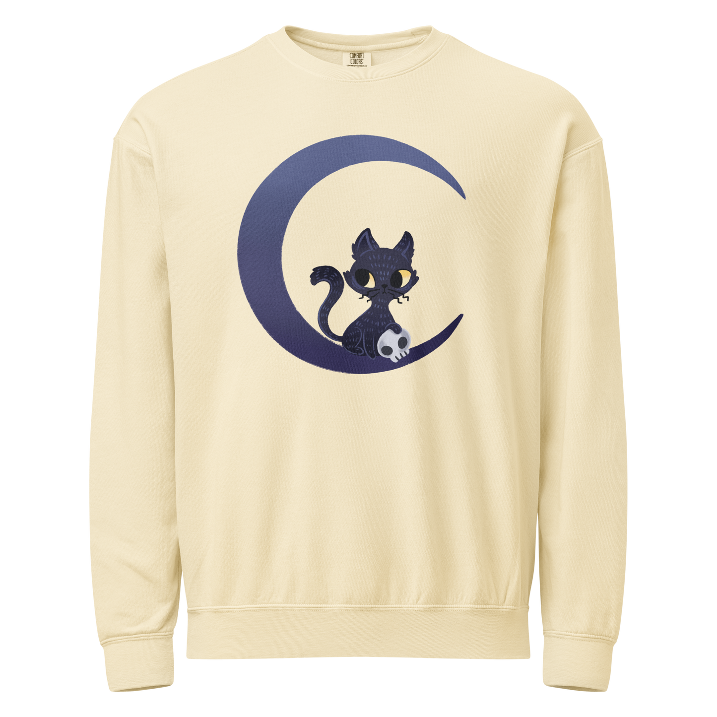 Ivory crewneck sweatshirt with a black cat with skull and moon design 