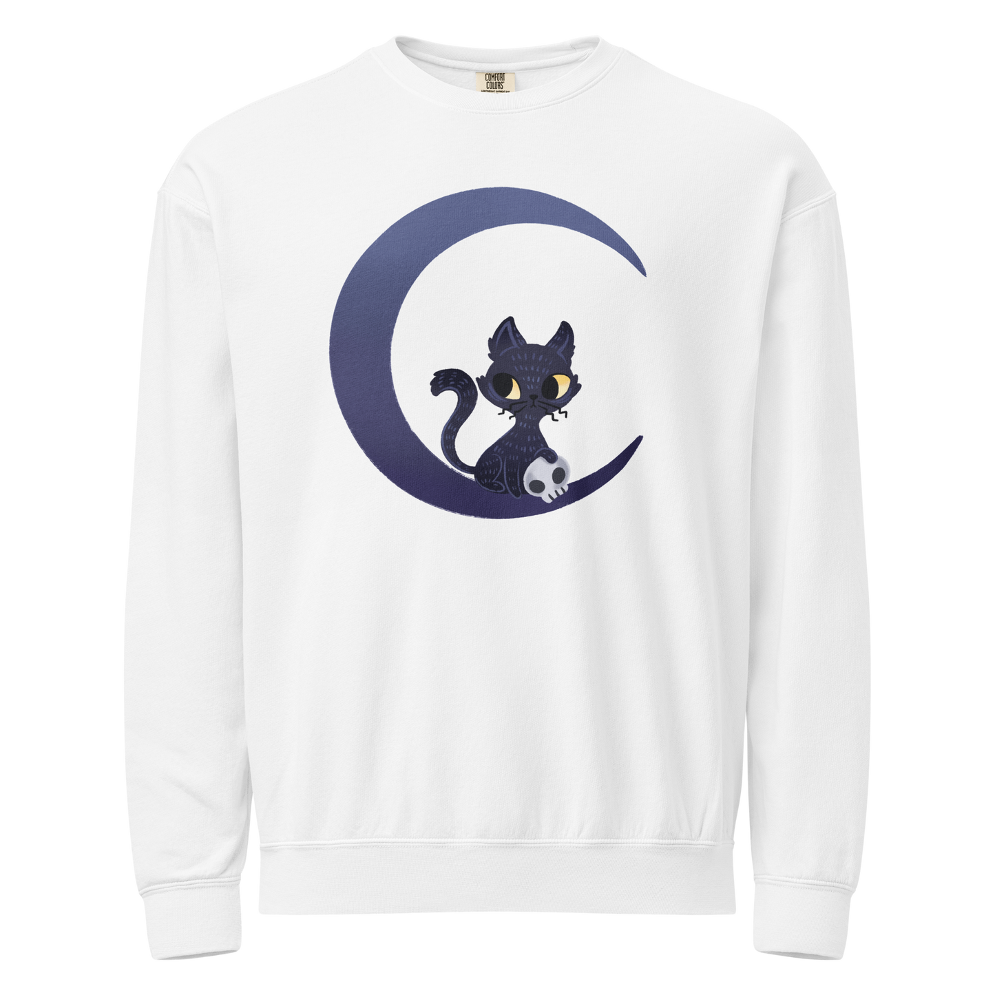 White crewneck sweatshirt with a black cat with skull and moon design 
