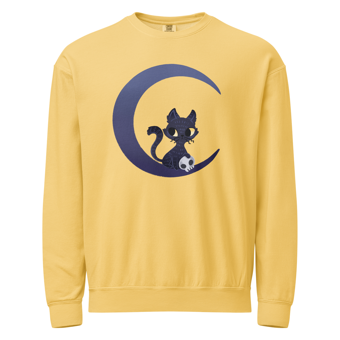 Yellow crewneck sweatshirt with a black cat with skull and moon design 