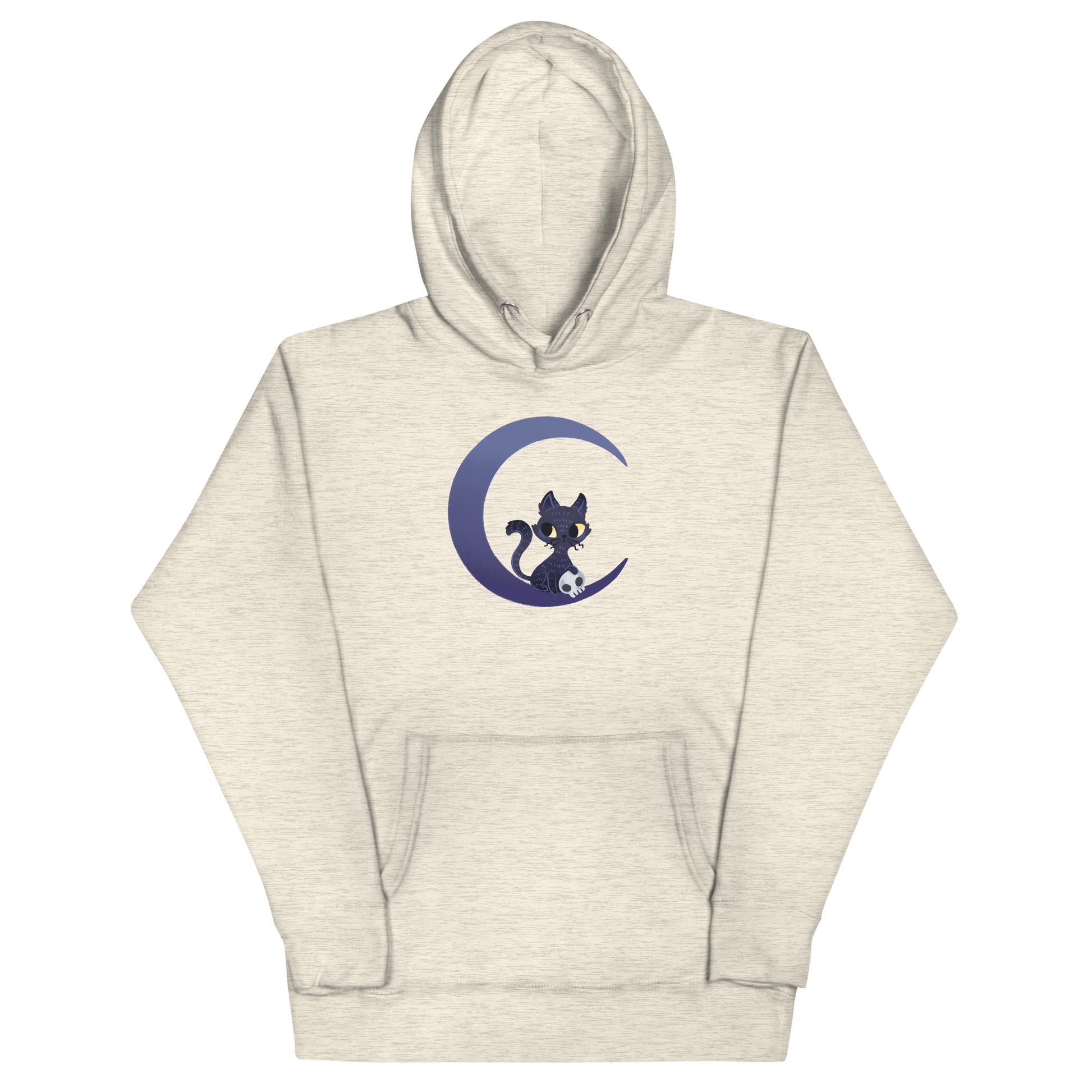Beige heathered hoodie with a black cat sitting on a crescent moon design 