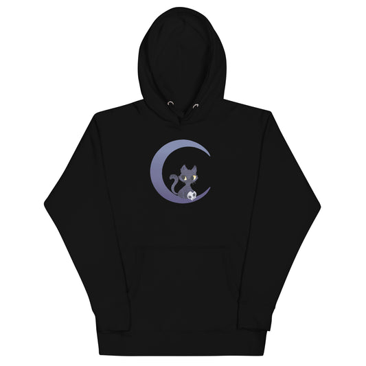Black hoodie with a black cat sitting on a crescent moon design 