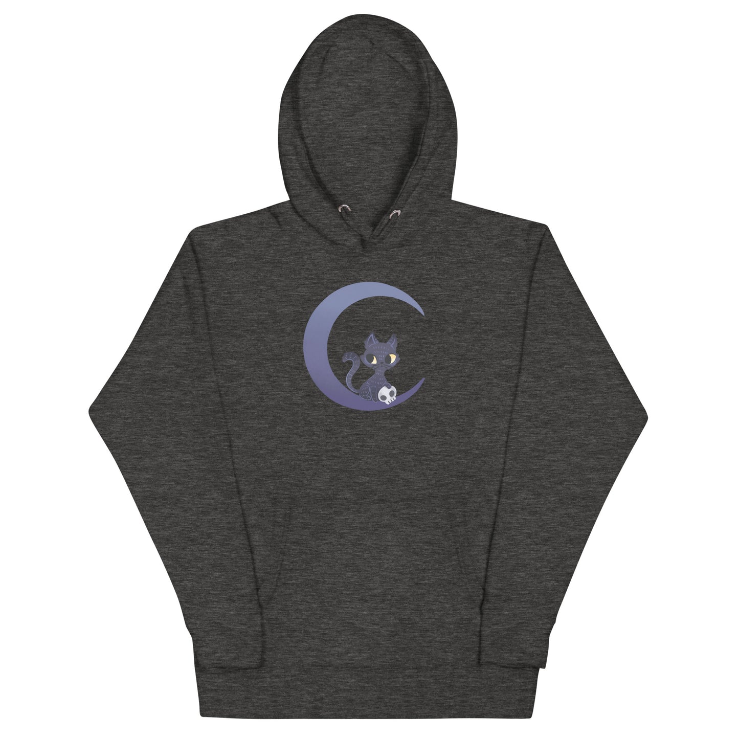 Dark gray heathered hoodie with a black cat sitting on a crescent moon design 