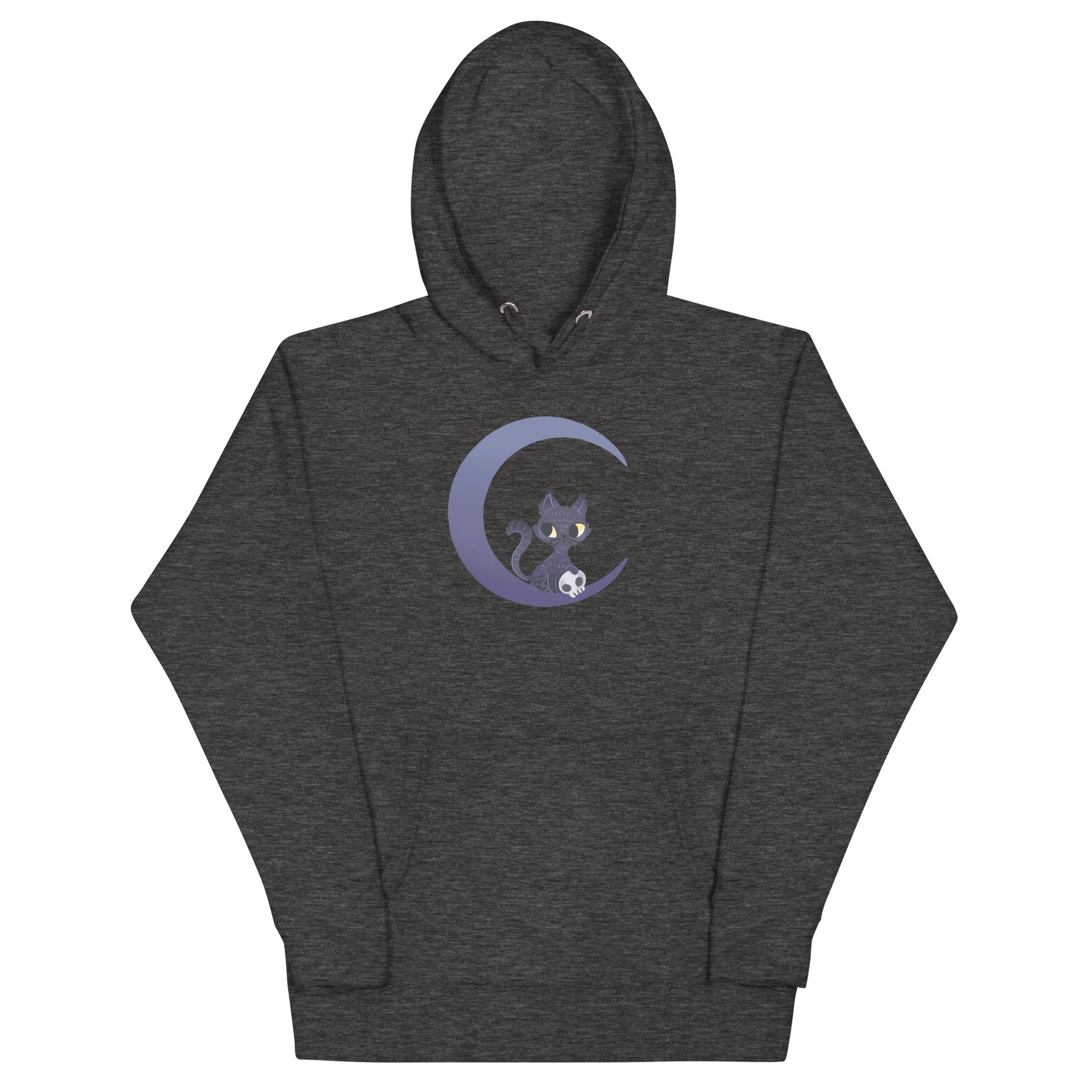 Dark gray heathered hoodie with a black cat sitting on a crescent moon design 