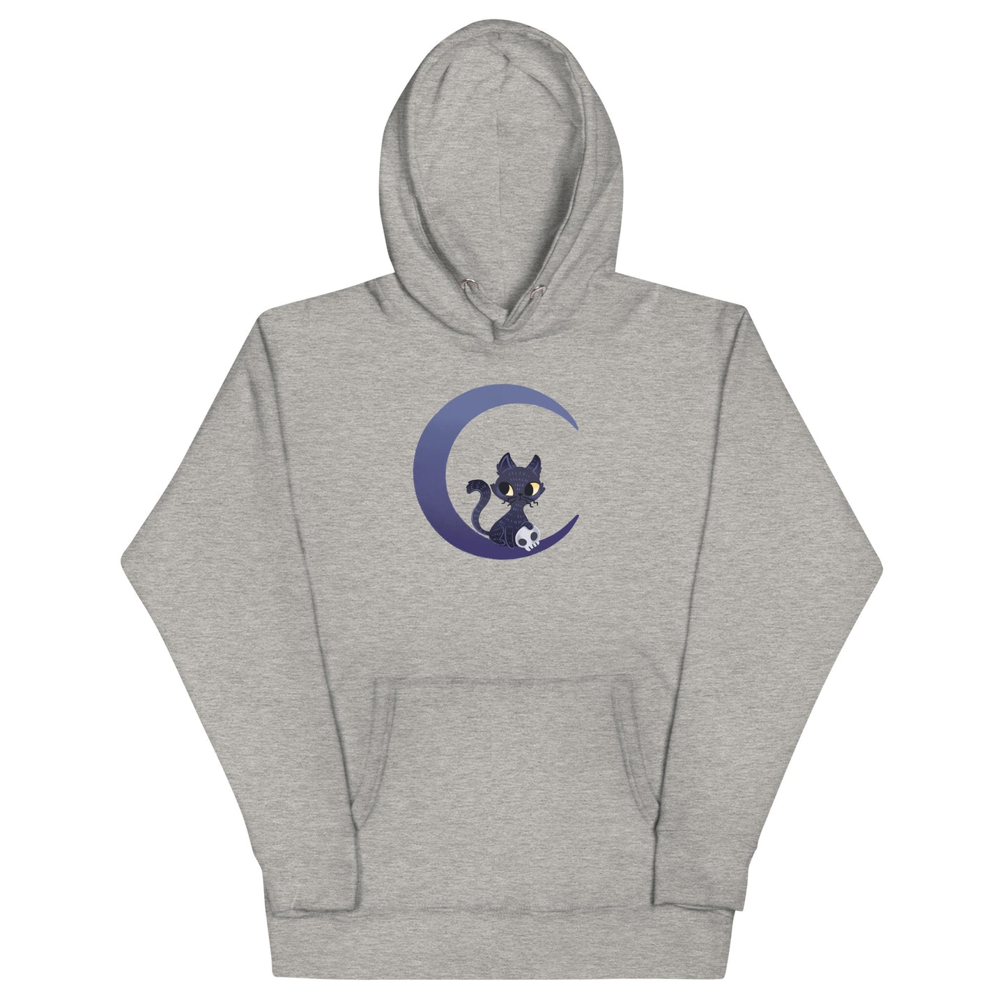 Light gray heathered hoodie with a black cat sitting on a crescent moon design 