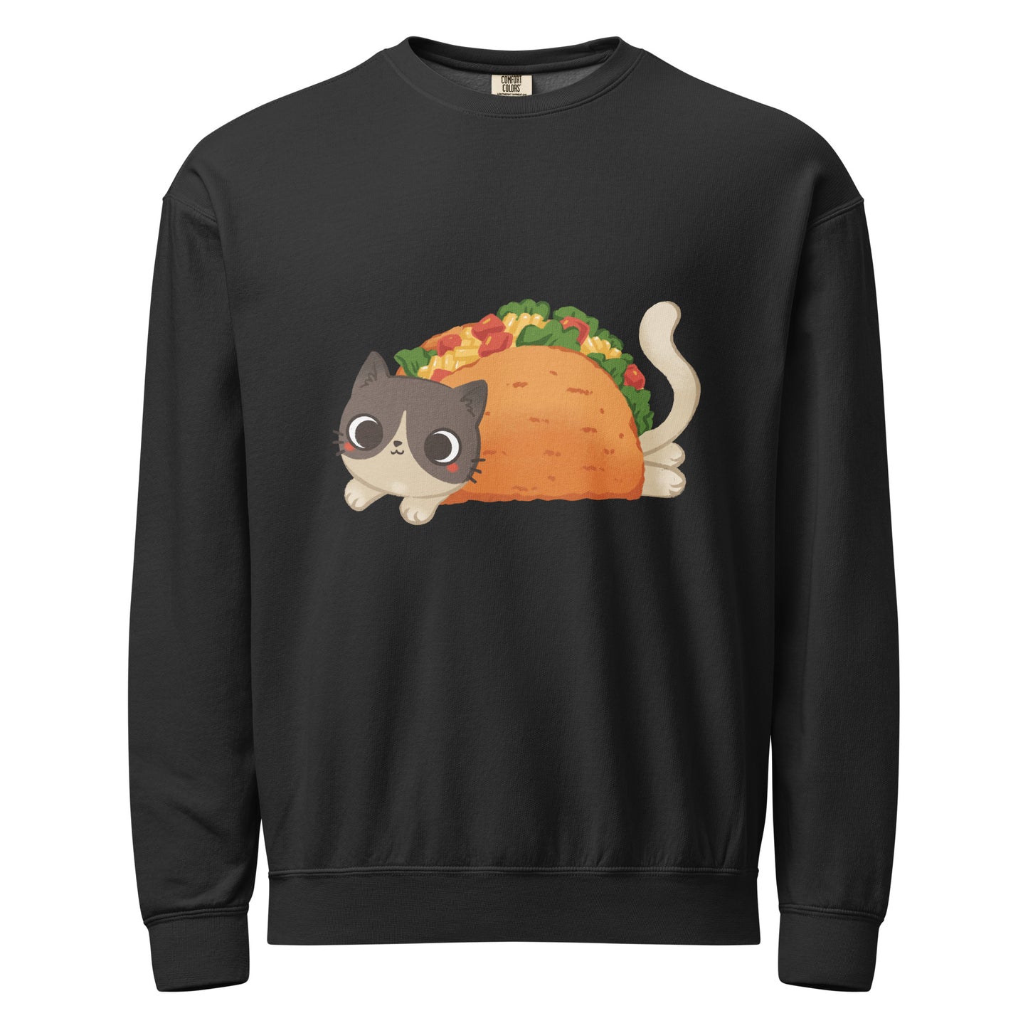 Black crewneck sweatshirt with a cat in a taco graphic