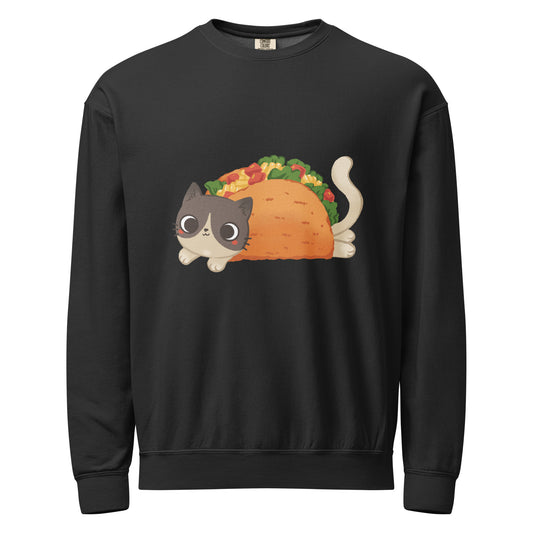 Black crewneck sweatshirt with a cat in a taco graphic