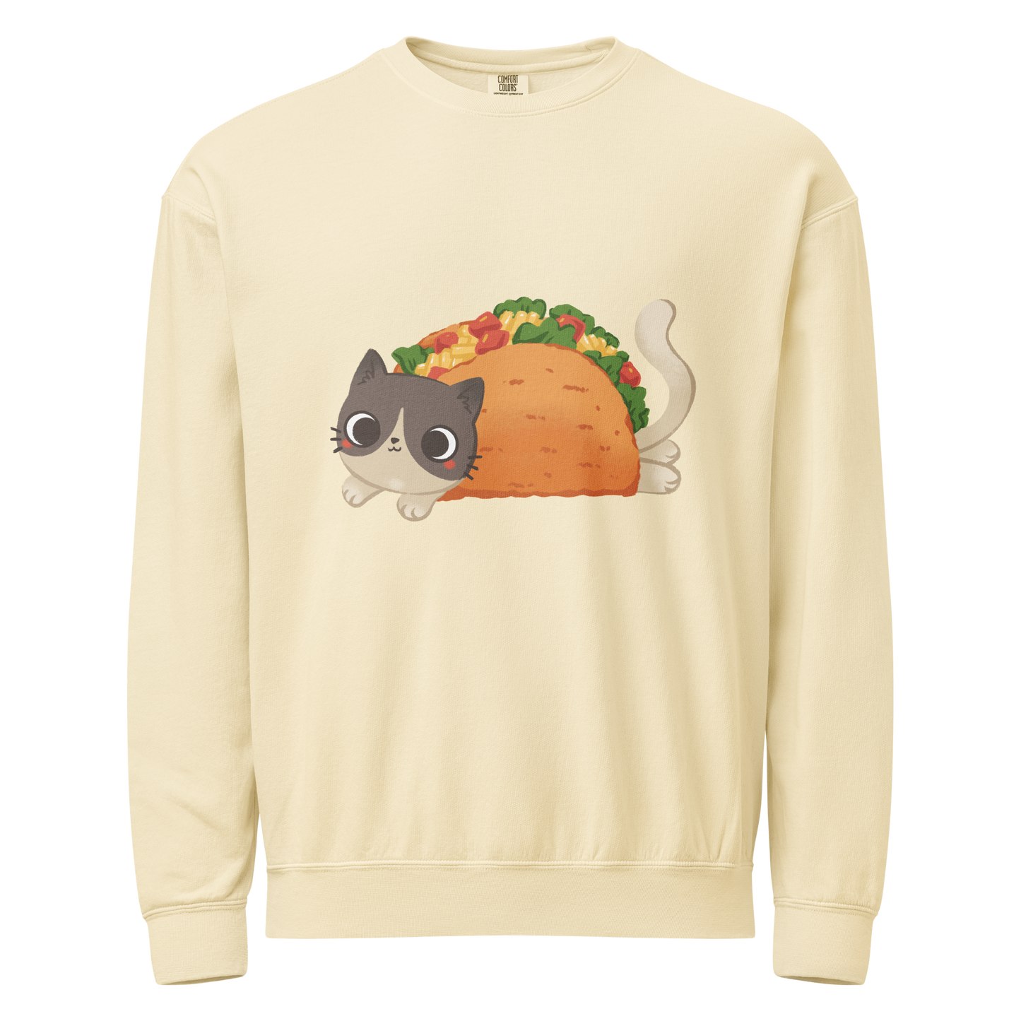 Ivory crewneck sweatshirt with a cat in a taco graphic
