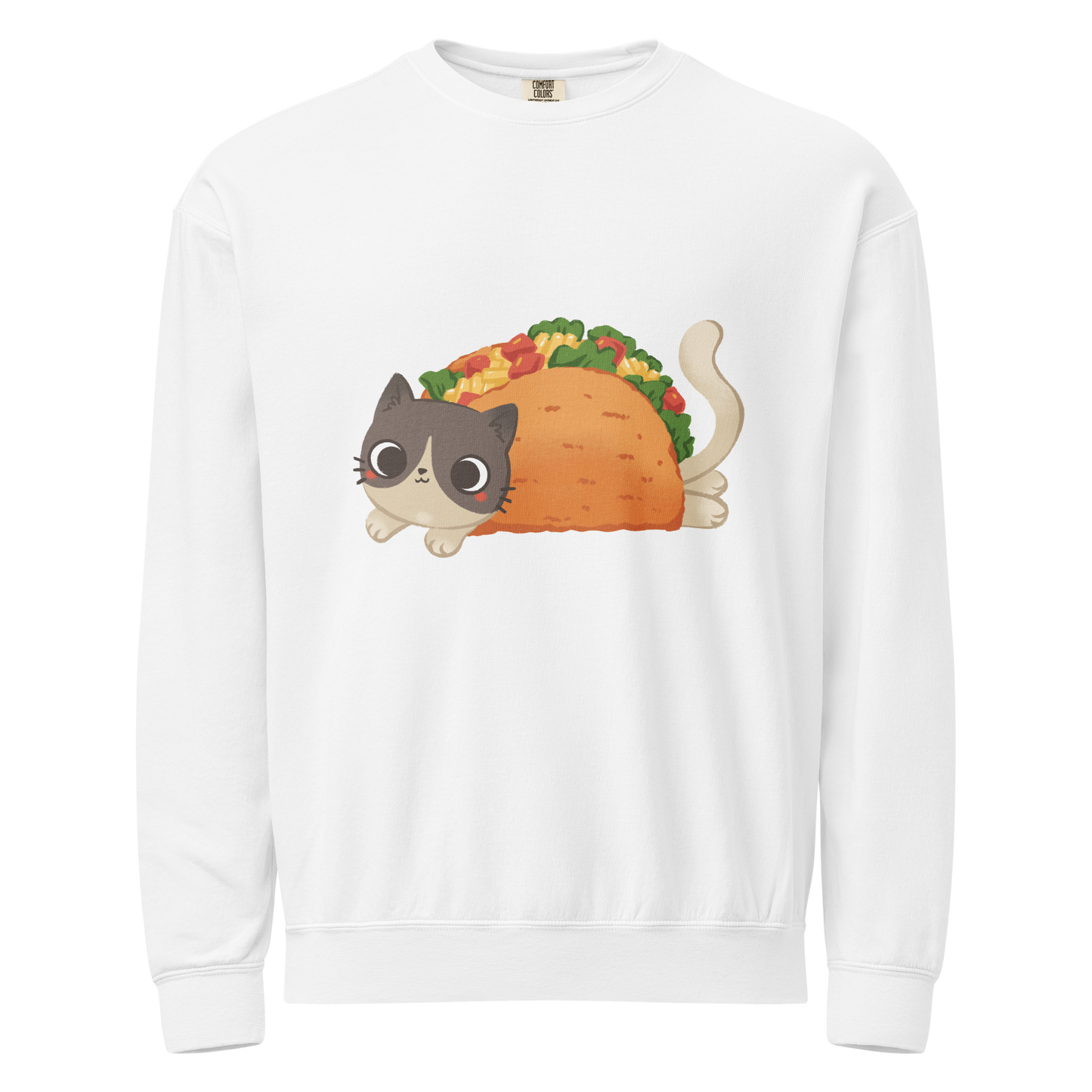 White crewneck sweatshirt with a cat in a taco graphic