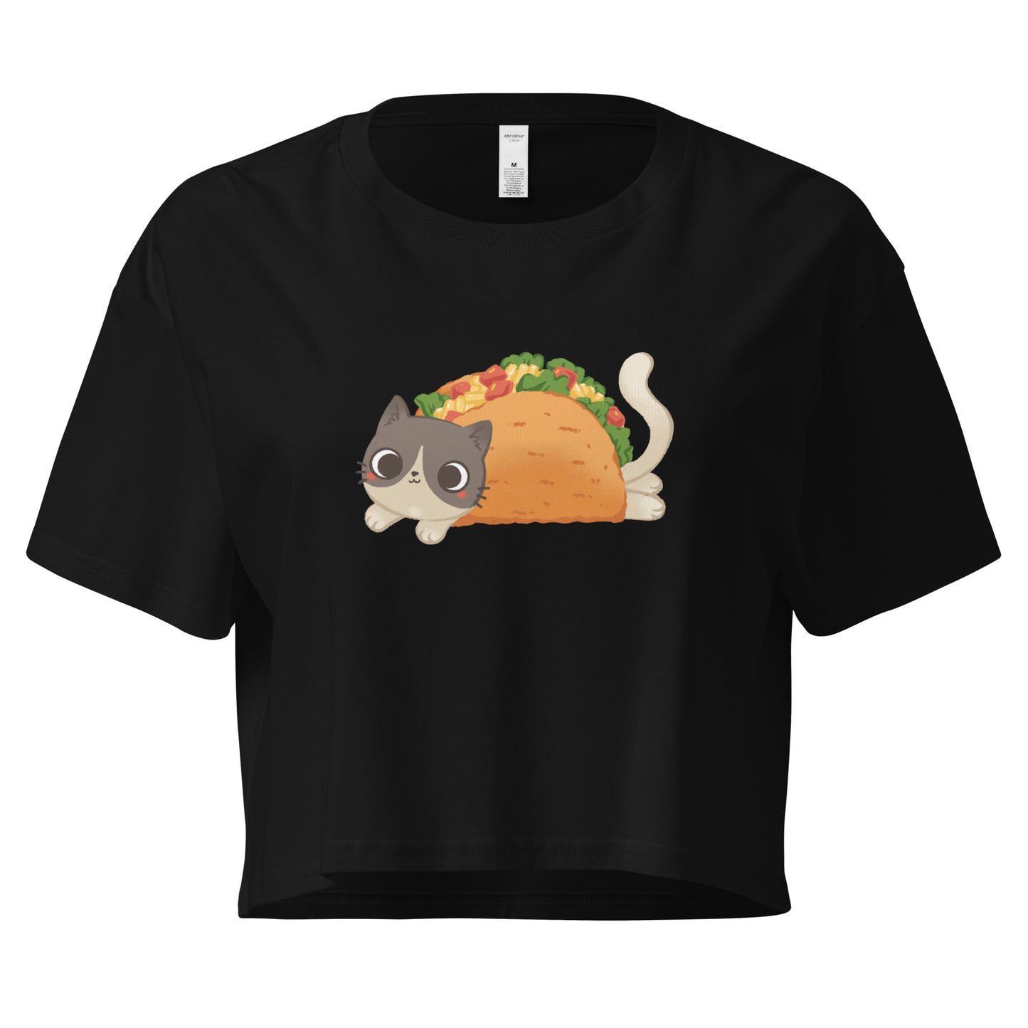 Black crop top with a cute cat in a taco graphic design 