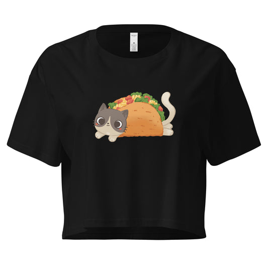 Black crop top with a cute cat in a taco graphic design 