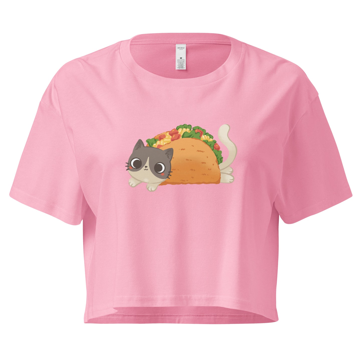 Pink crop top with a cute cat in a taco graphic design 