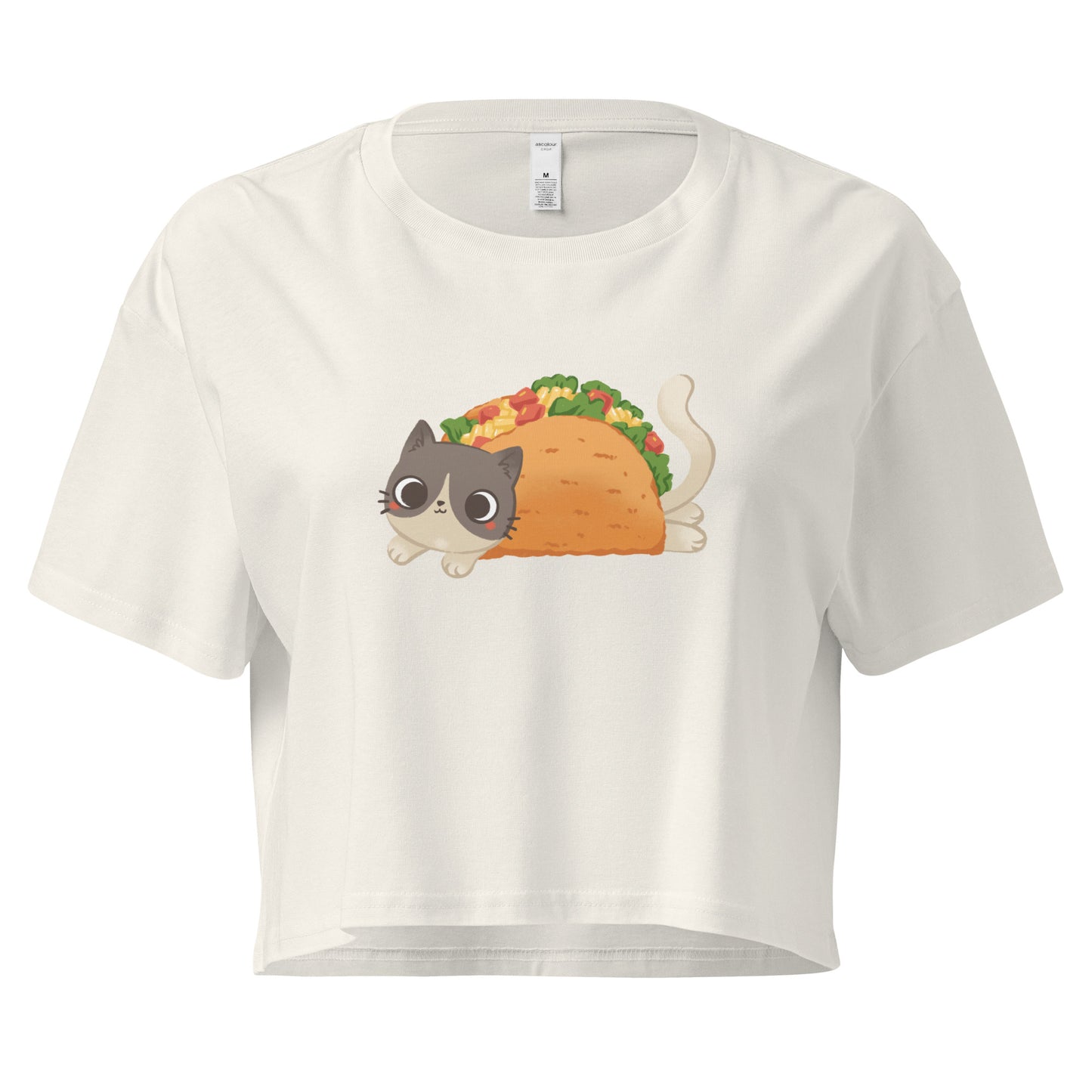 Crop top with a cute cat in a taco graphic design 