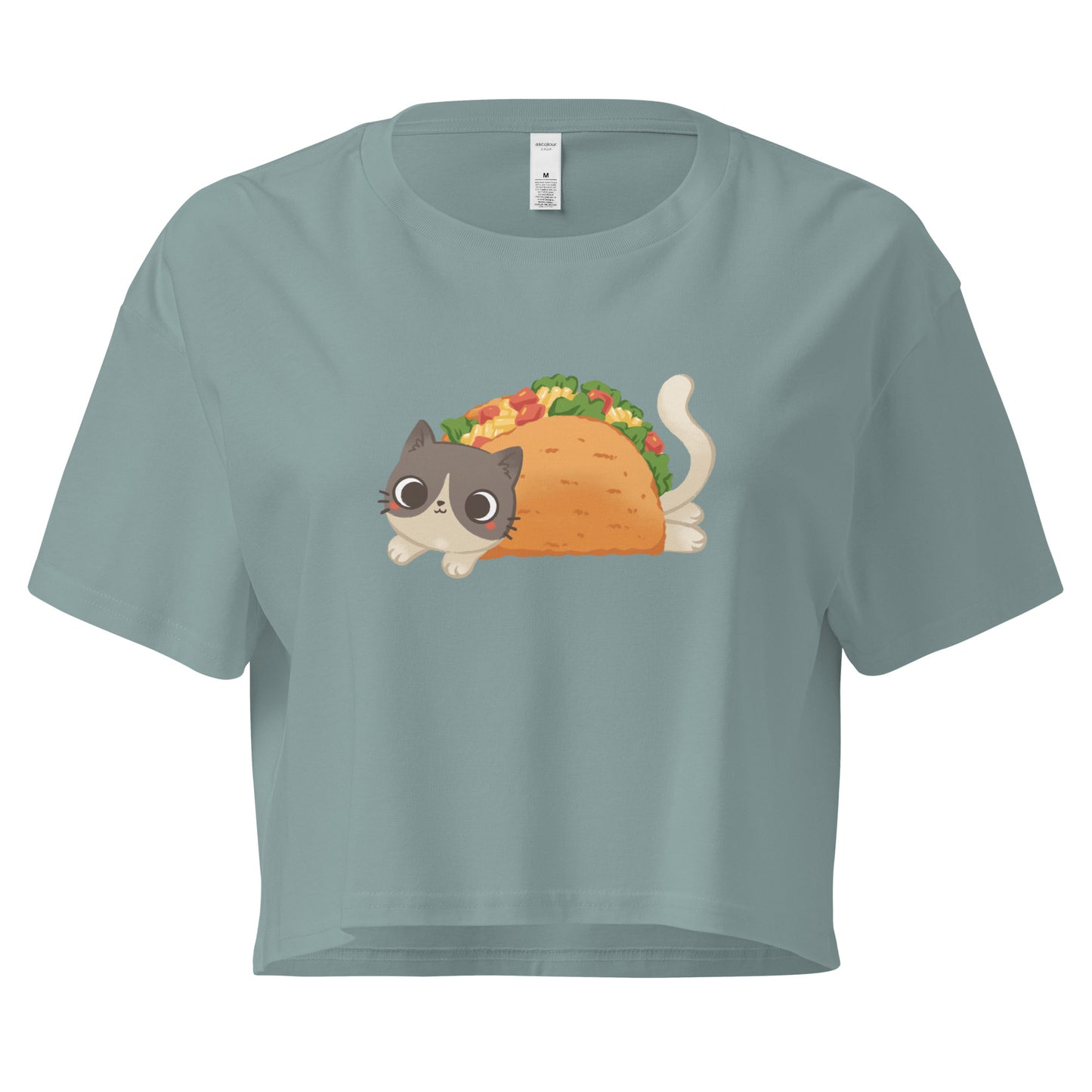 Crop top with a cute cat in a taco graphic design 