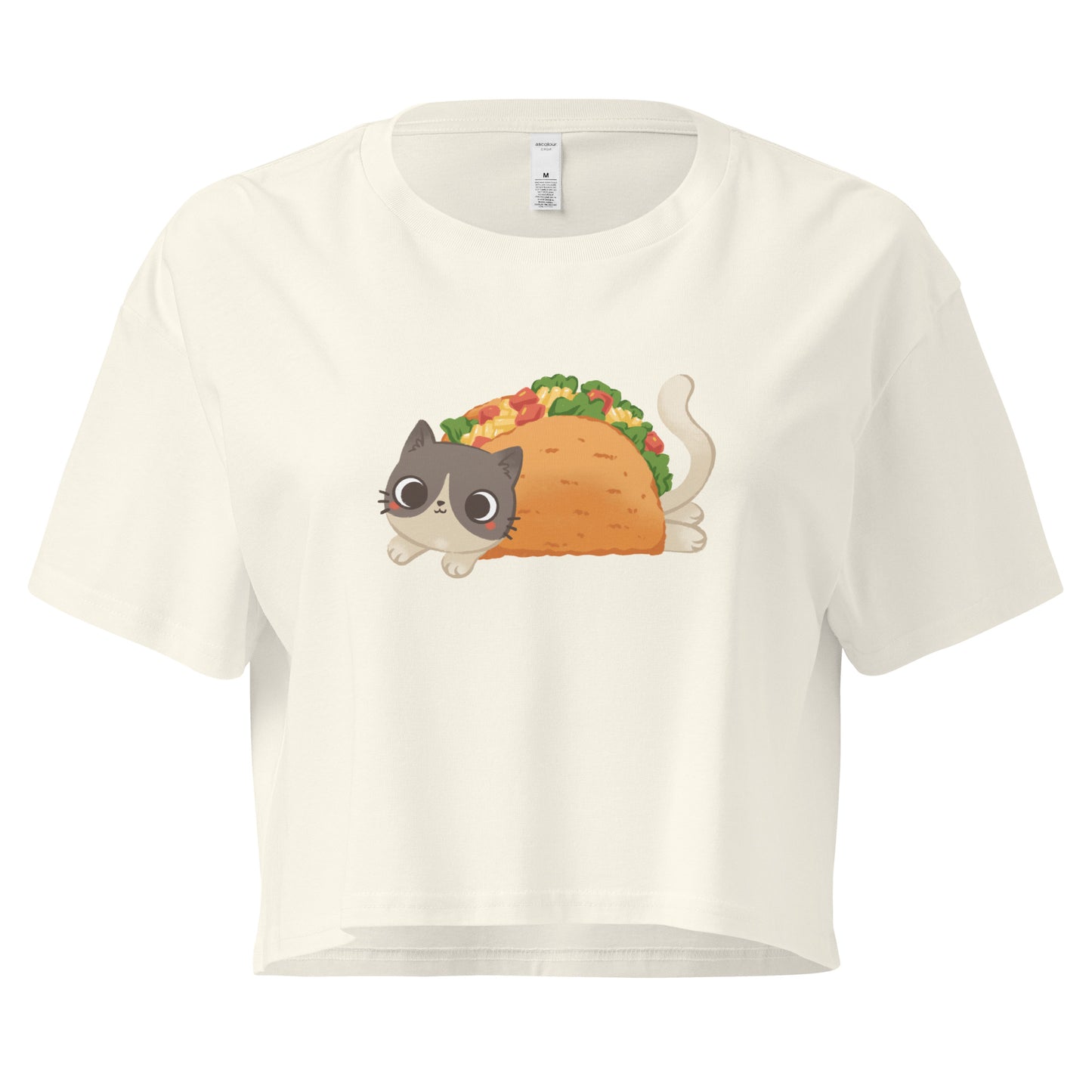 Crop top with a cute cat in a taco graphic design 