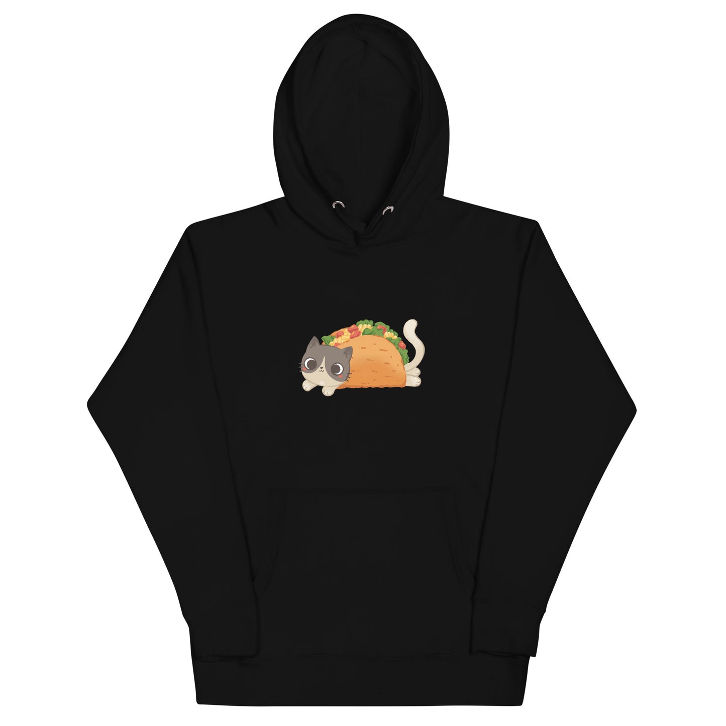 Black hoodie with a cute gray and beige cat inside of a taco graphic design