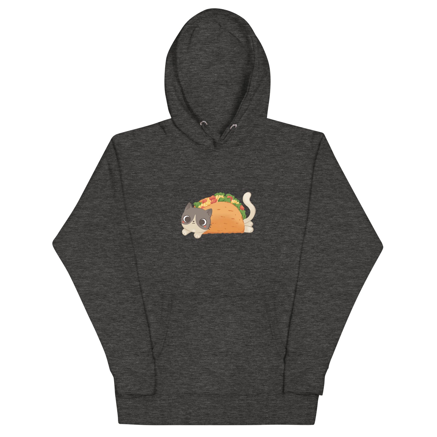 Dark gray heathered hoodie with a cute gray and beige cat inside of a taco graphic design