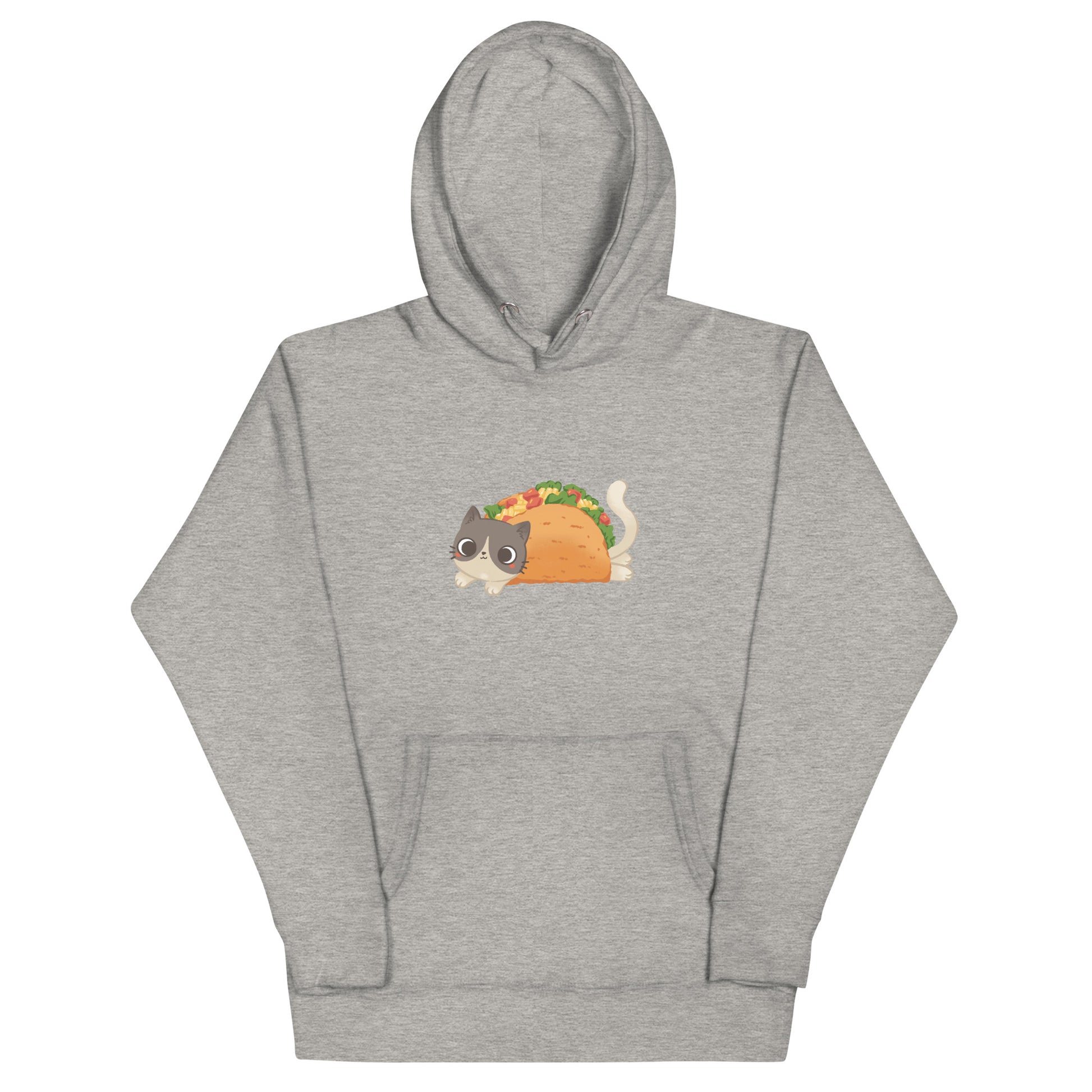 Light gray heathered hoodie with a cute gray and beige cat inside of a taco graphic design