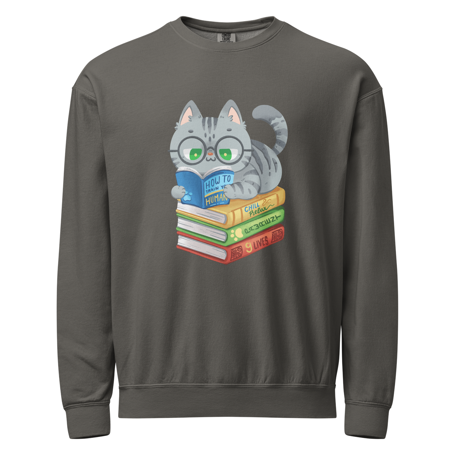 Cat and books crewneck sweatshirt in  gray with reading cat design