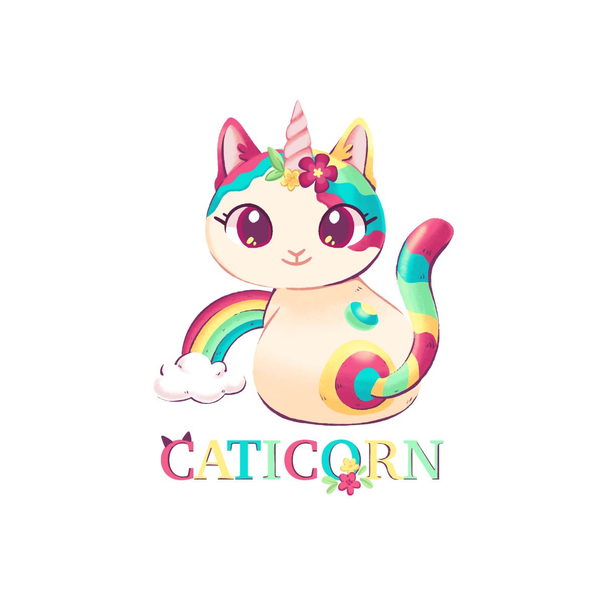 Caticorn cat rainbow unicorn inspired with 'caticorn' text flat design
