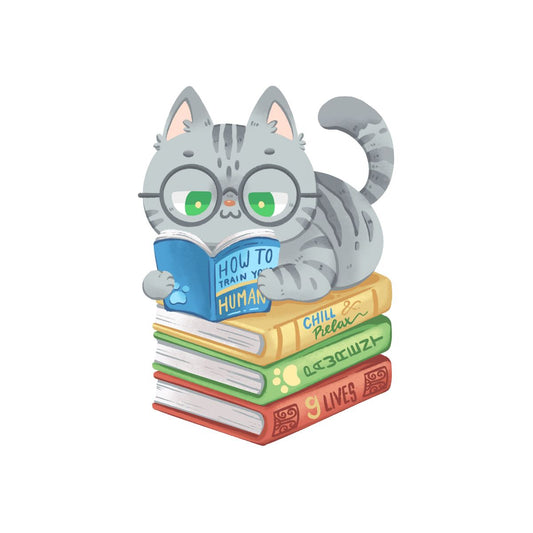 Cat with glasses laying on top of a pile of books reading flat image design