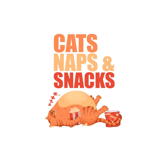 Cats Naps & Snacks sleepy cat eating popcorn and chips with font saying Cats Naps and Snacks above it flat art design