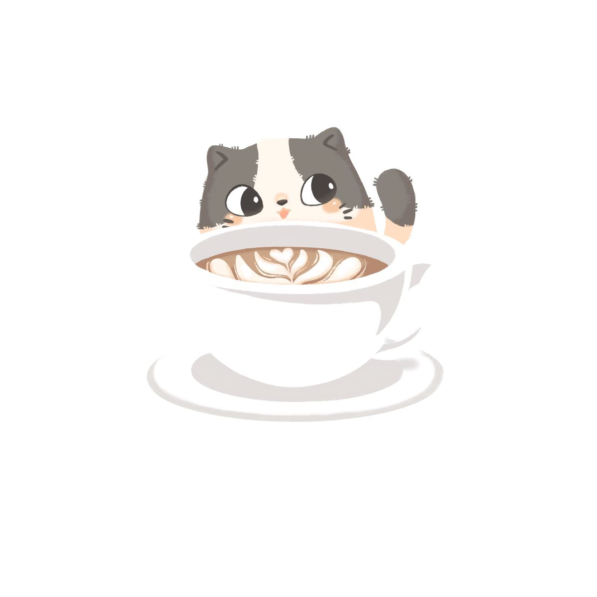 Cozy cute gray and white cat with a coffee mug design flat art