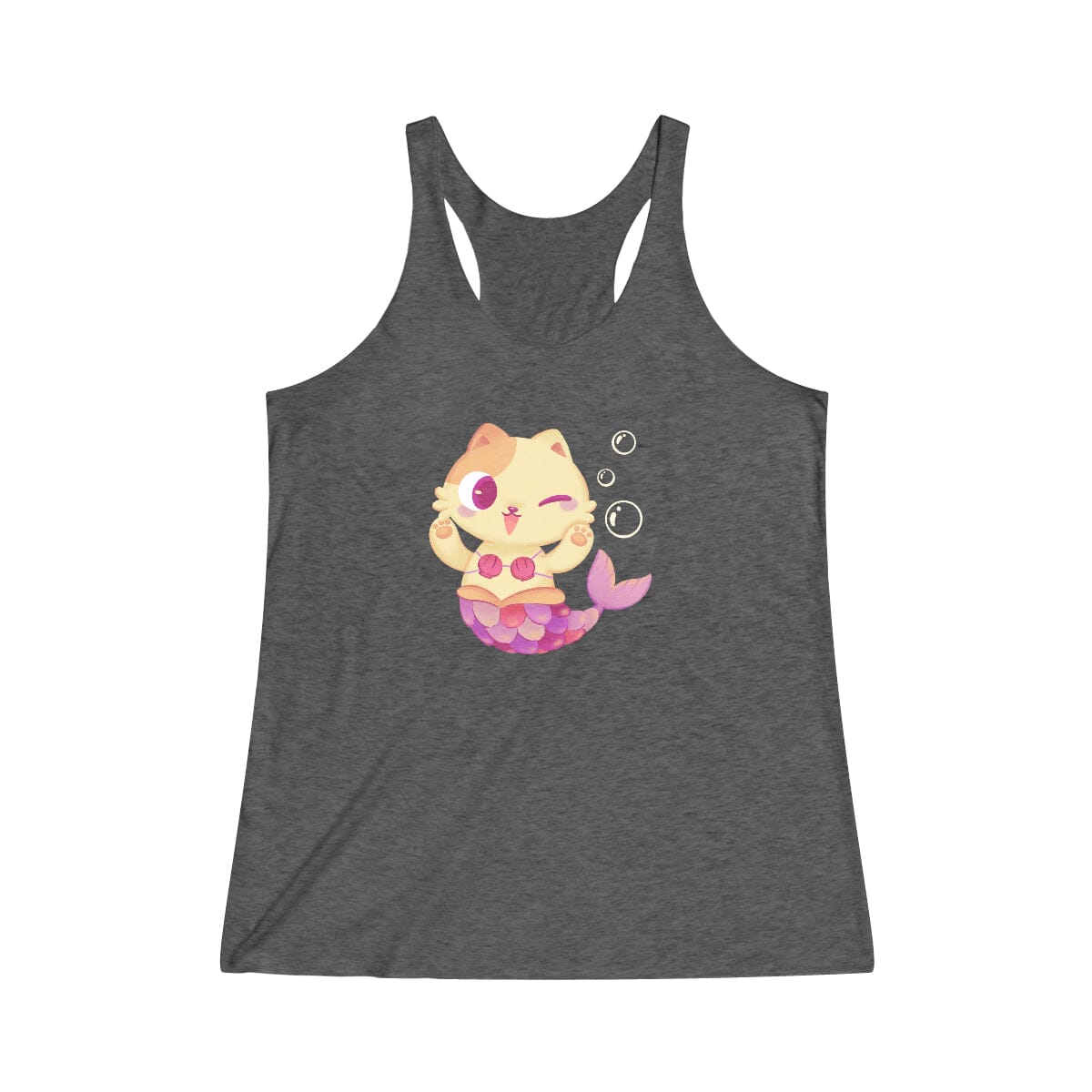 Black heathered racerback tank with a mermaid cat with bubbles design