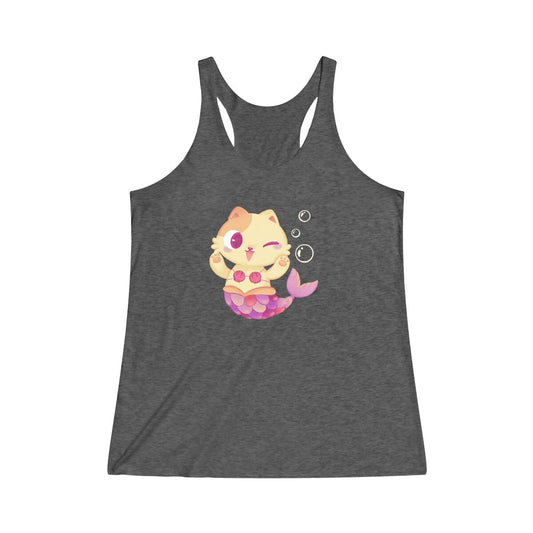Black heathered racerback tank with a mermaid cat with bubbles design