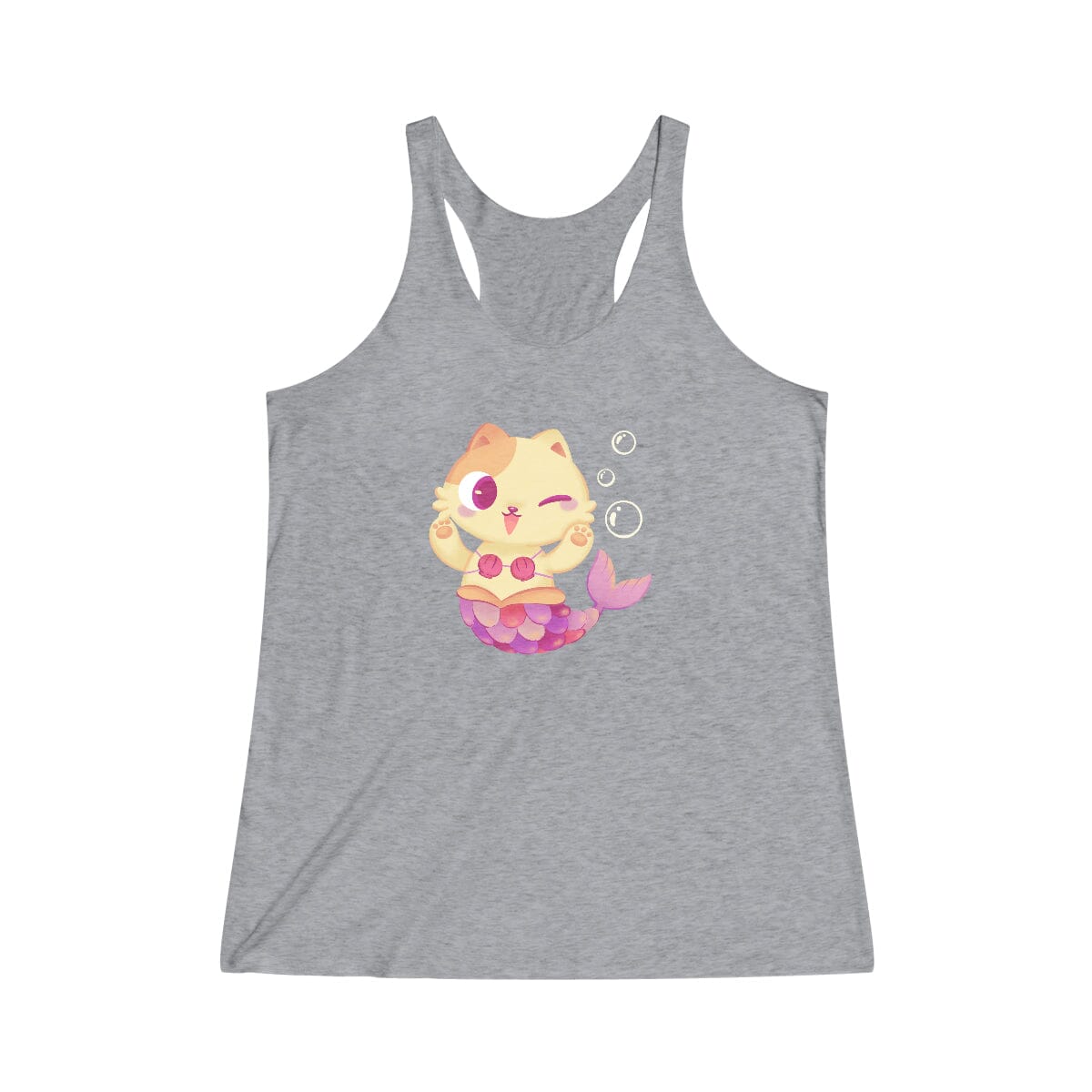Gray heathered racerback tank with a mermaid cat with bubbles design