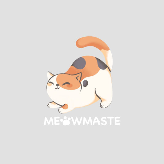 Cute calico cat in yoga pose design with 'MEOWMASTE' text