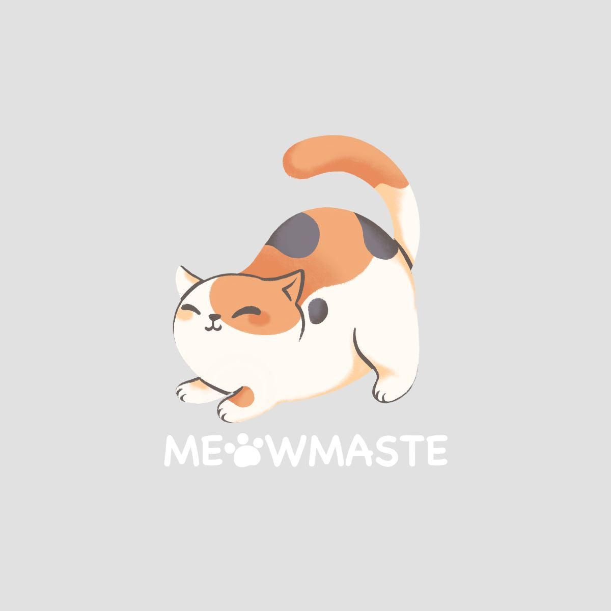 Cute calico cat in yoga pose design with 'MEOWMASTE' text flat art