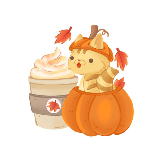 Pumpkin spice kitten inside of a pumpkin next to a pumpkin spice latte flat art design