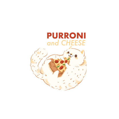Purroni and cheese pizza loving cat with 'PURRONI AND CHEESE' text flat design