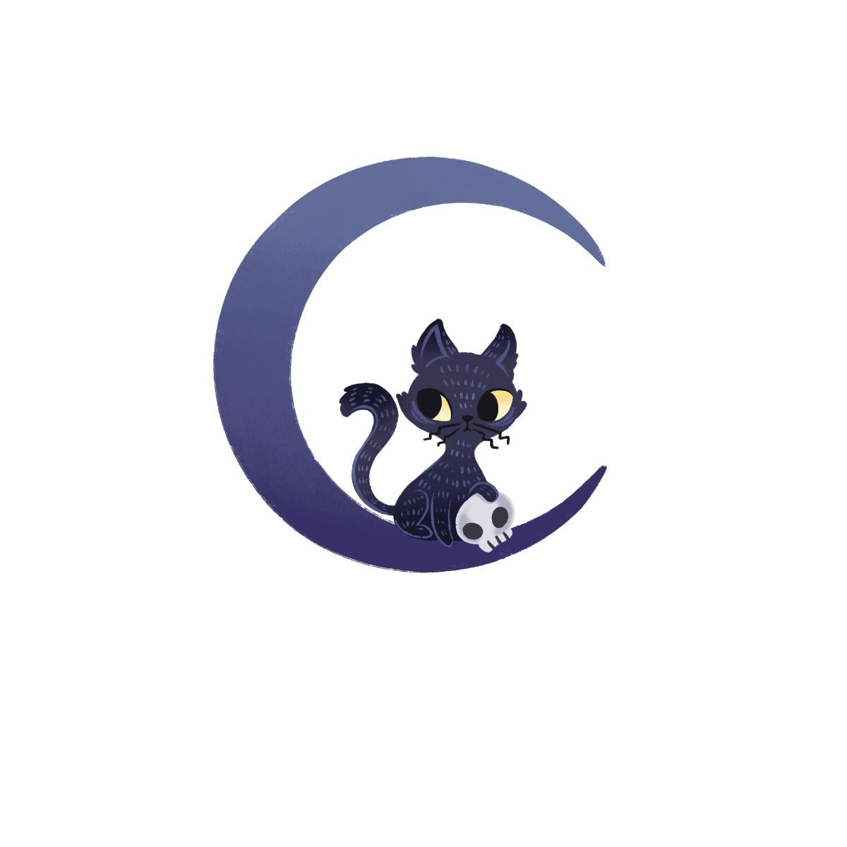 Black cat sitting on a crescent moon design flat art